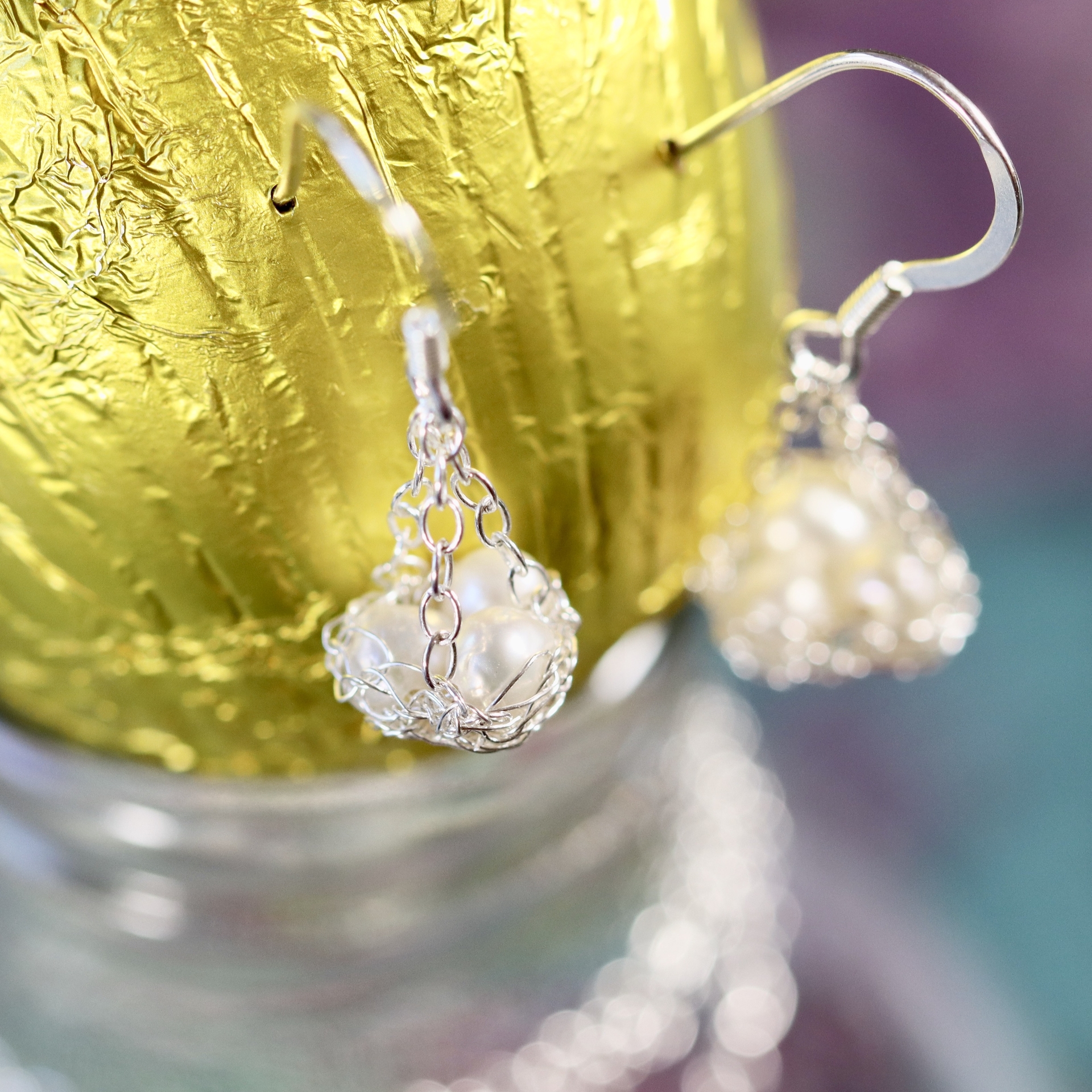 Easter nest crocheted silver earrings
