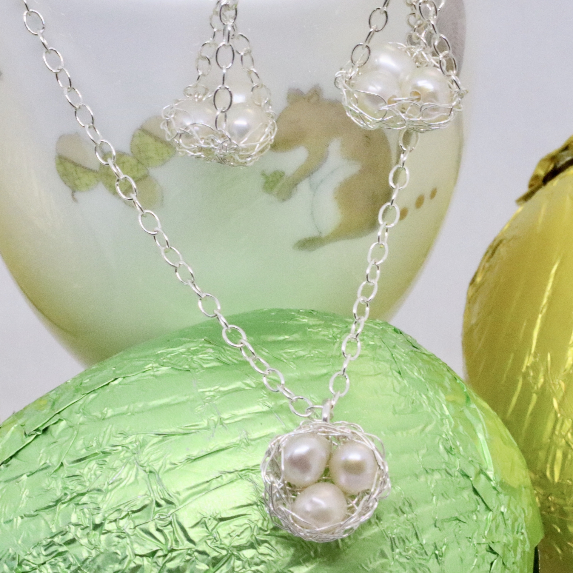 Silver crocheted Easter nest necklace
